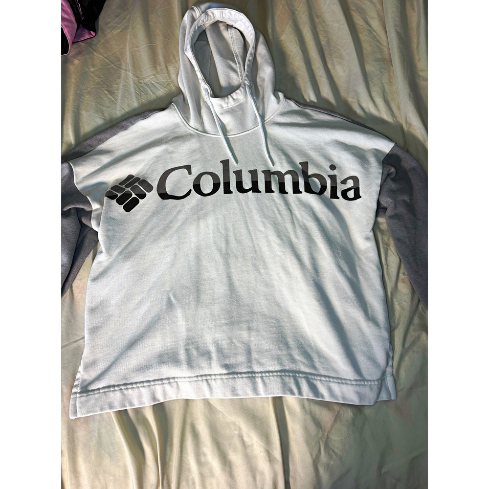 Columbia Women's Cropped White/Gray Logo Pullover Hooded Fleece Hoodie Size S